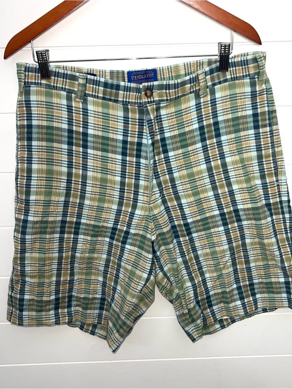 Pendleton Mens Plaid Shorts 34 Cotton Green Blue Tan Preppy Outdoor